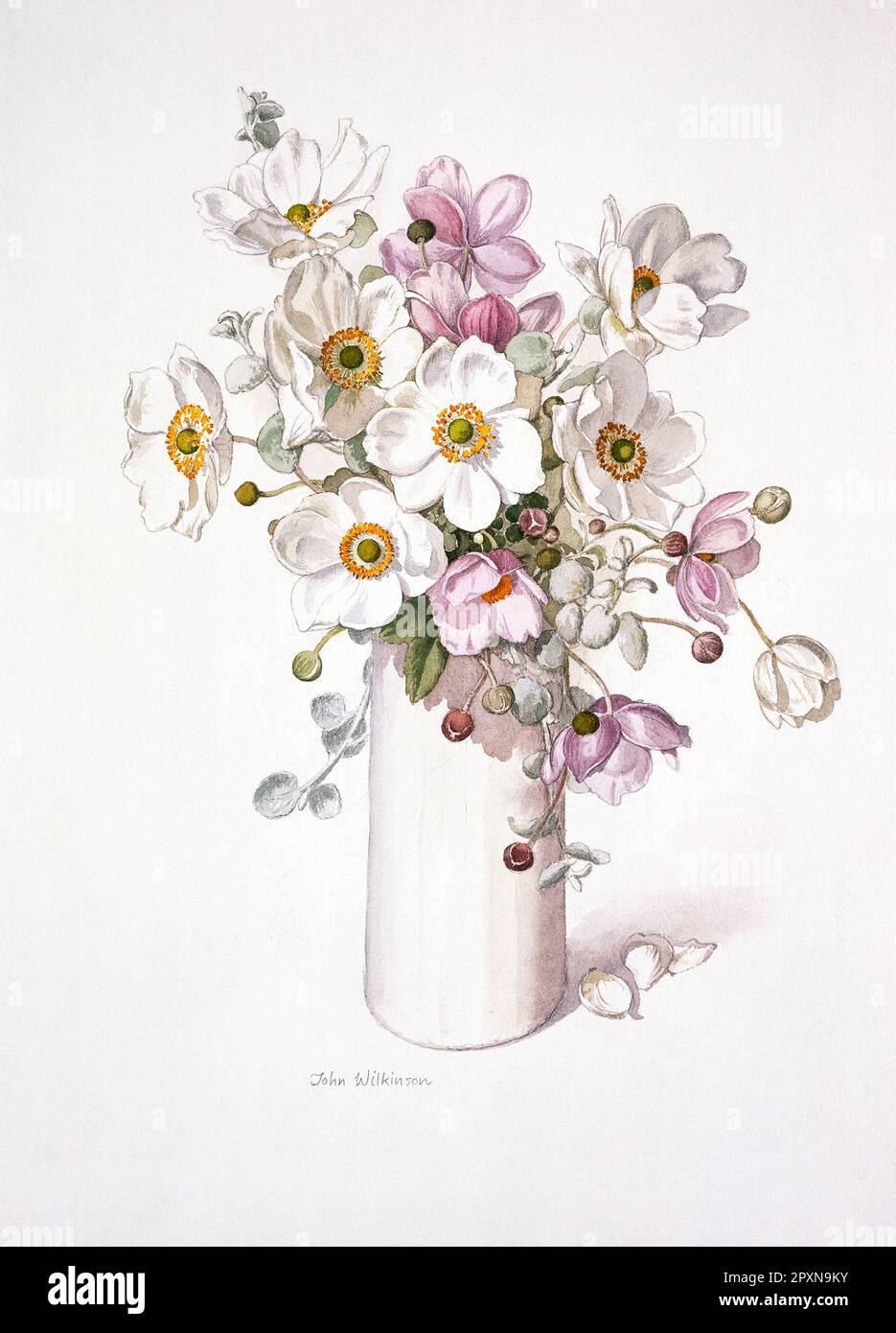 Kunstwerke. Aquarellgemälde japanischer Anemonblüten in Vase. Stockfoto