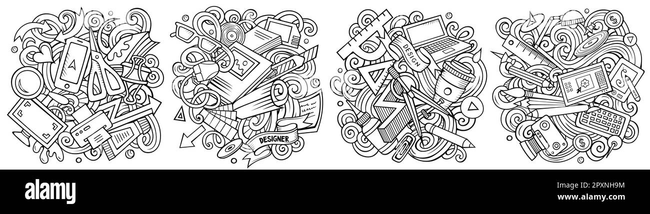 Designer-Cartoon-Vektor-Doodle-Design-Set. Stock Vektor