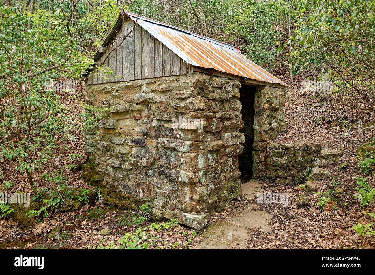 Ein steinernes Quellhaus am Black Mountain in Tennessee, das Wasser beherbergt, das einst eine Notwendigkeit war und aus dem Berg und den Pools im Inneren kommt Stockfoto