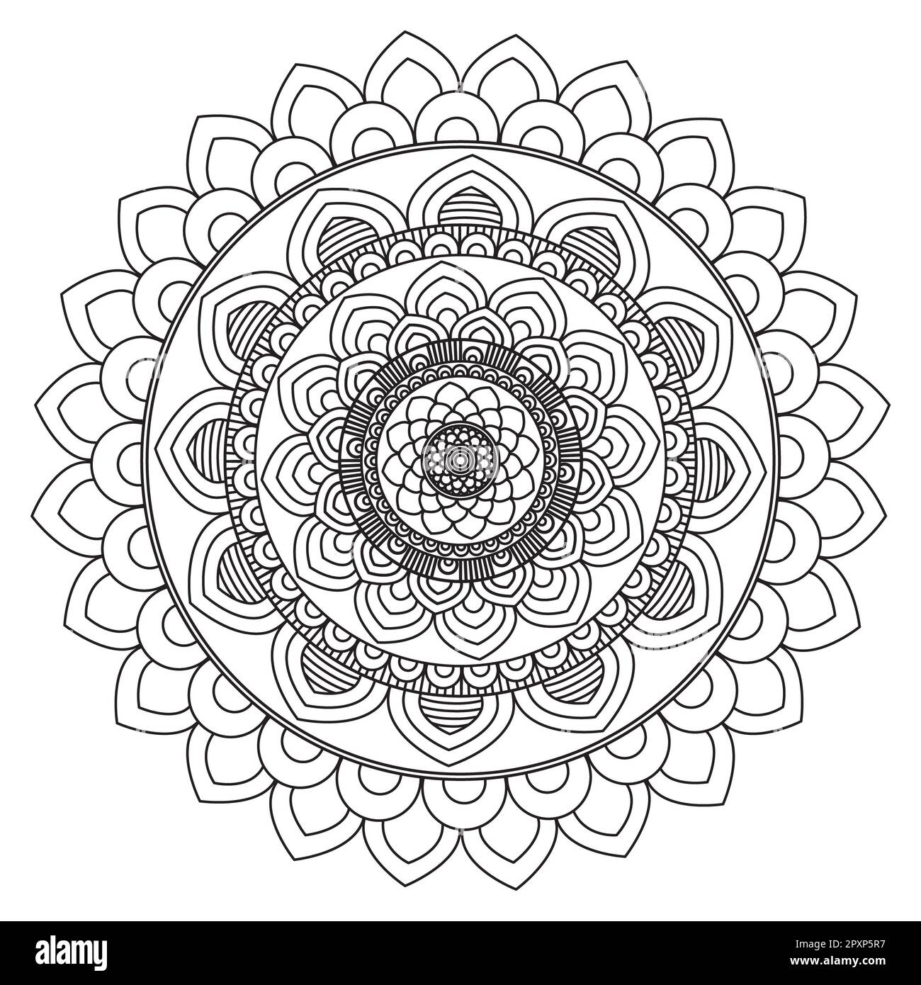 Entdecken Sie dieses fesselnde Schwarz-weiß-Mandala-Design mit komplizierten Blumenkonturen, die sich perfekt zum Ausmalen von Buchseiten oder als eigenständiges Design eignen Stockfoto