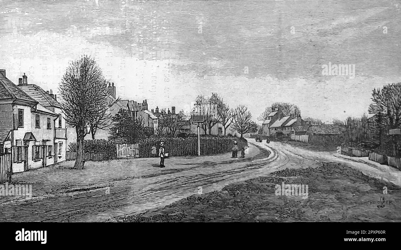 Hadley Common, Barnet. Blick auf Bäume, Gebäude und Grünland. Von einer nicht zugeschriebenen viktorianischen Gravur c1890. Stockfoto