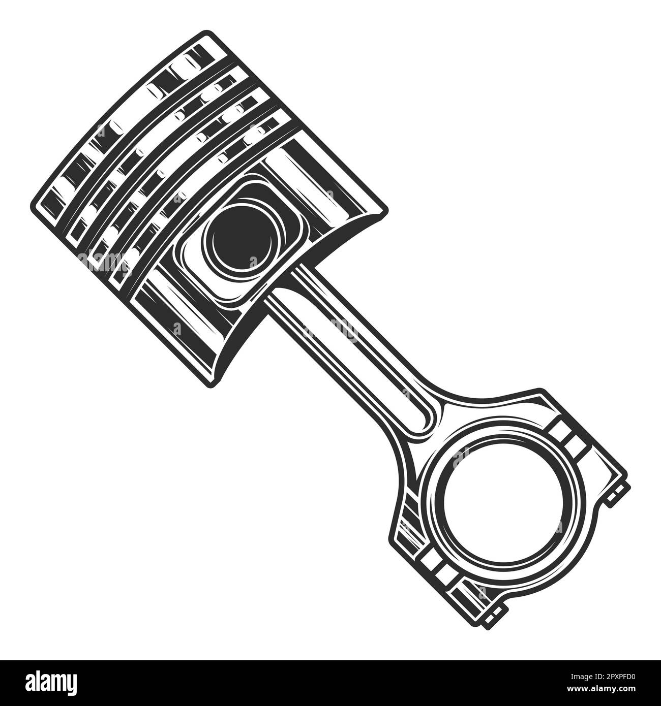 Motorkolben auf weißem Hintergrund isolierte monochrome Abbildung Stockfoto