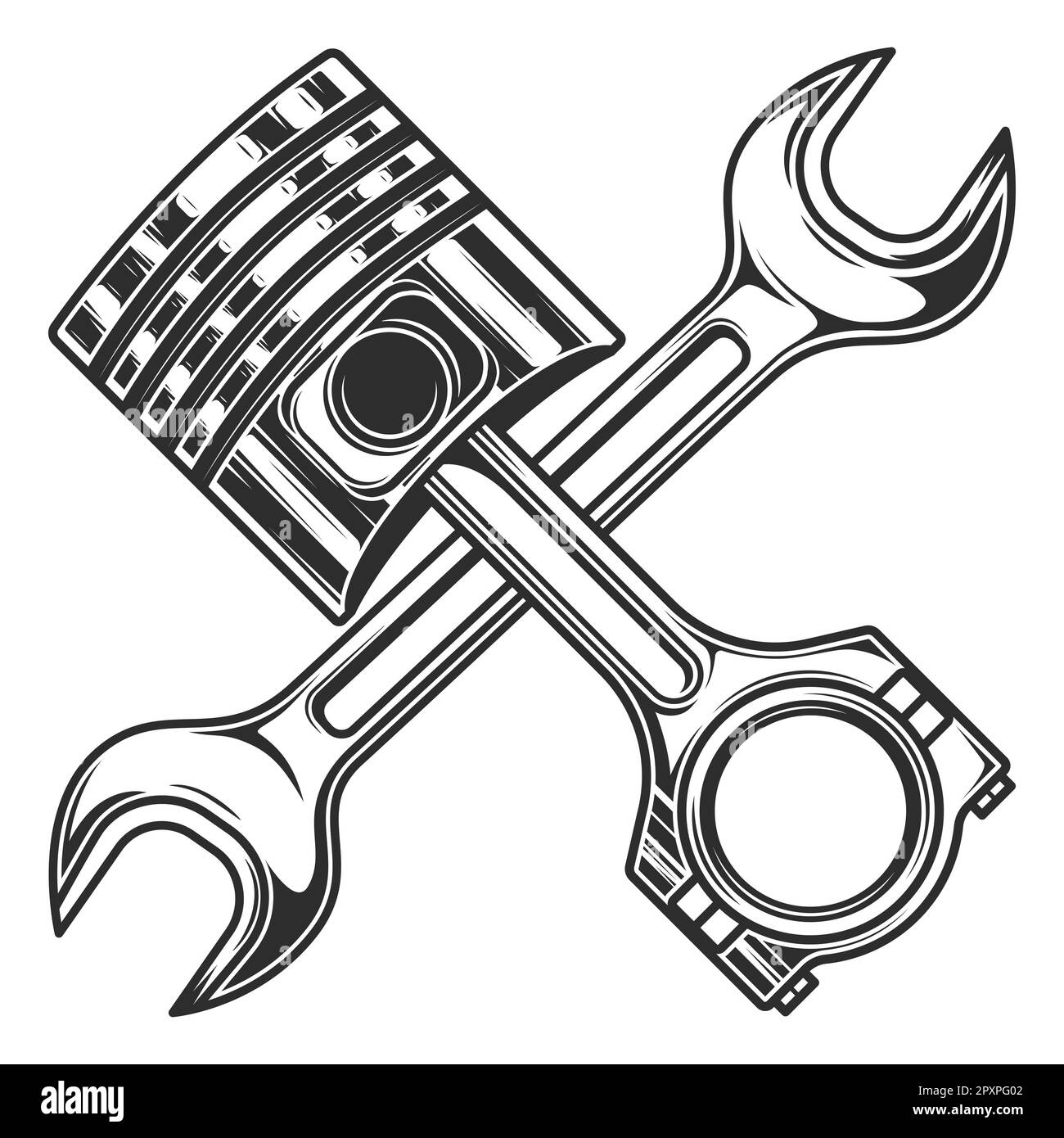 Motorkolben und mechanischer Schraubenschlüssel für Service-Reparatur-PKW  und Lkw-Geschäft auf weißem Hintergrund isolierte monochrome Abbildung  Stockfotografie - Alamy