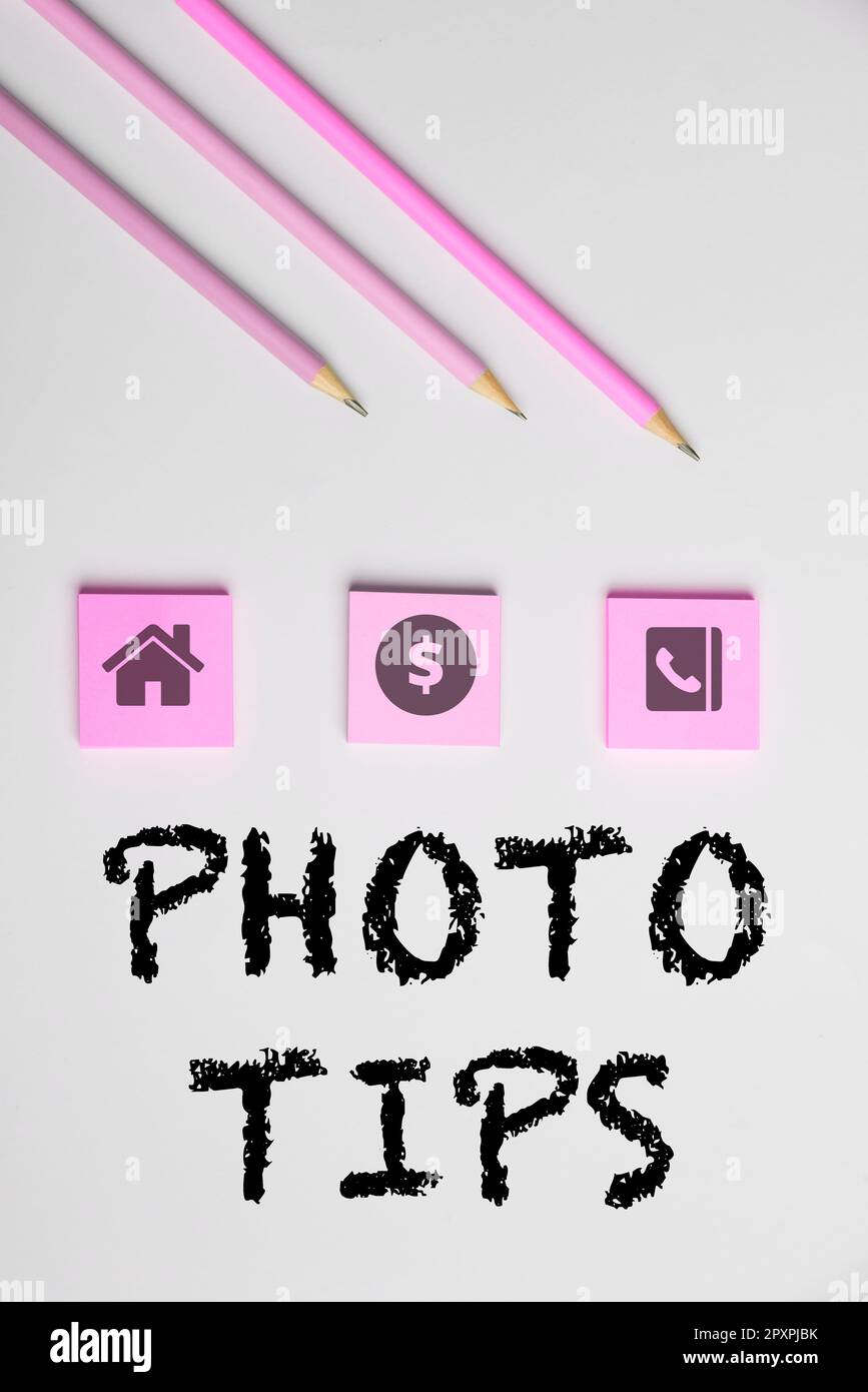 Konzeptionelle Bildunterschrift Fototipps, Word für Vorschläge für gute Bilder Ratschläge für großartige Fotos Stockfoto