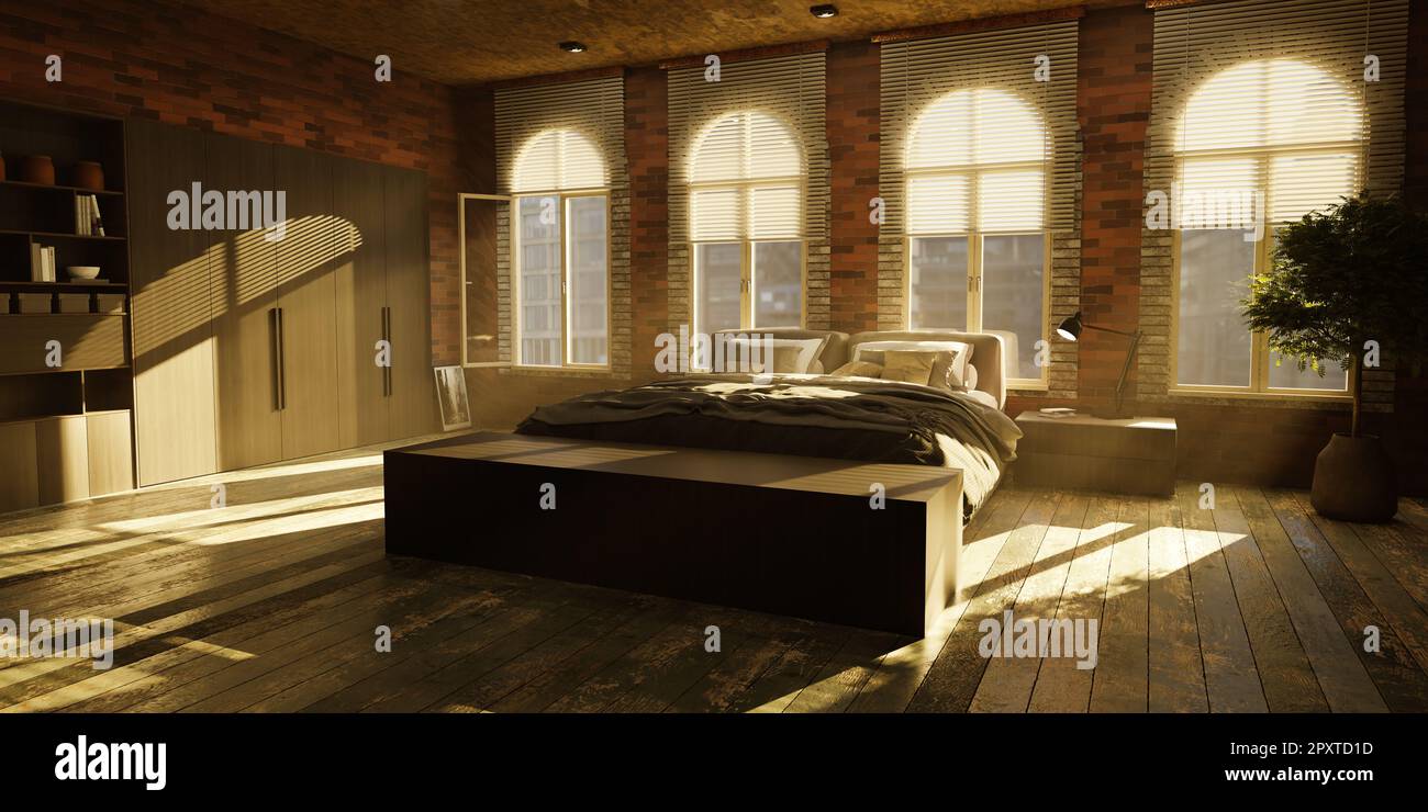Blick von einem modernen Schlafzimmer über die Dächer einer Stadt - 3D Abbildung Stockfoto