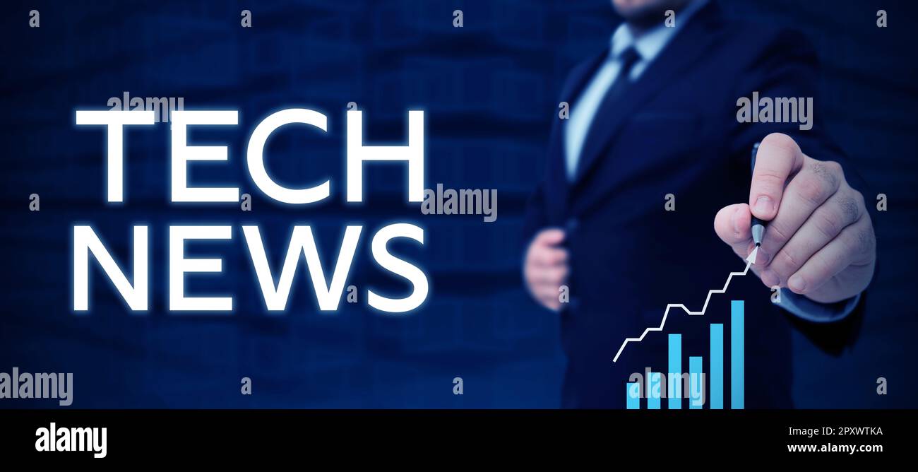 Handschriftlicher Text Tech News, Geschäftsübersicht Neu erhalten oder wichtige Informationen über Technologie Stockfoto