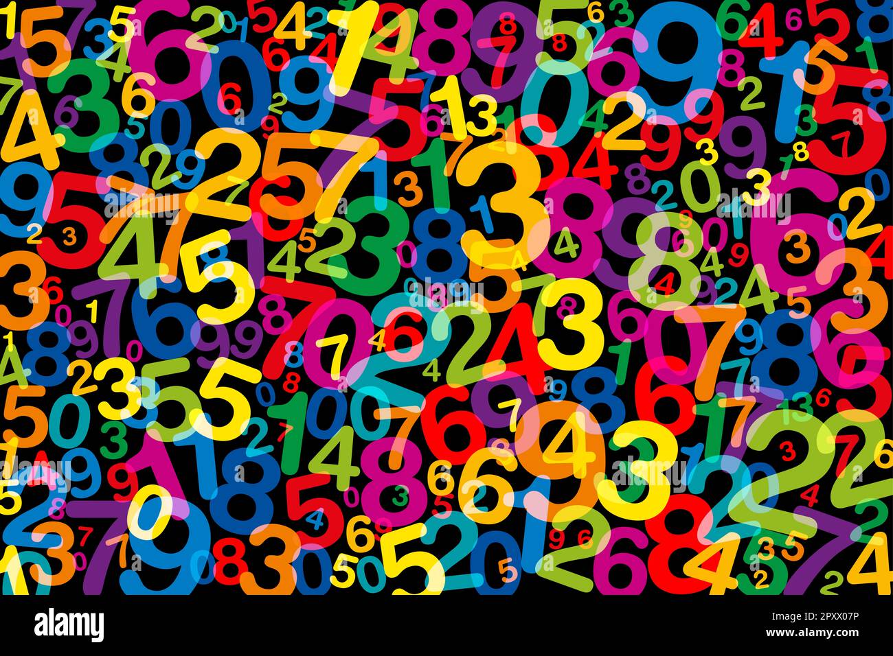 Durcheinander bunte Zahlen, über Schwarz. Verdrehte, nach dem Zufallsprinzip verteilte Zahlen von eins bis null, in verschiedenen Größen und Winkeln, in Regenbogenfarben. Stockfoto