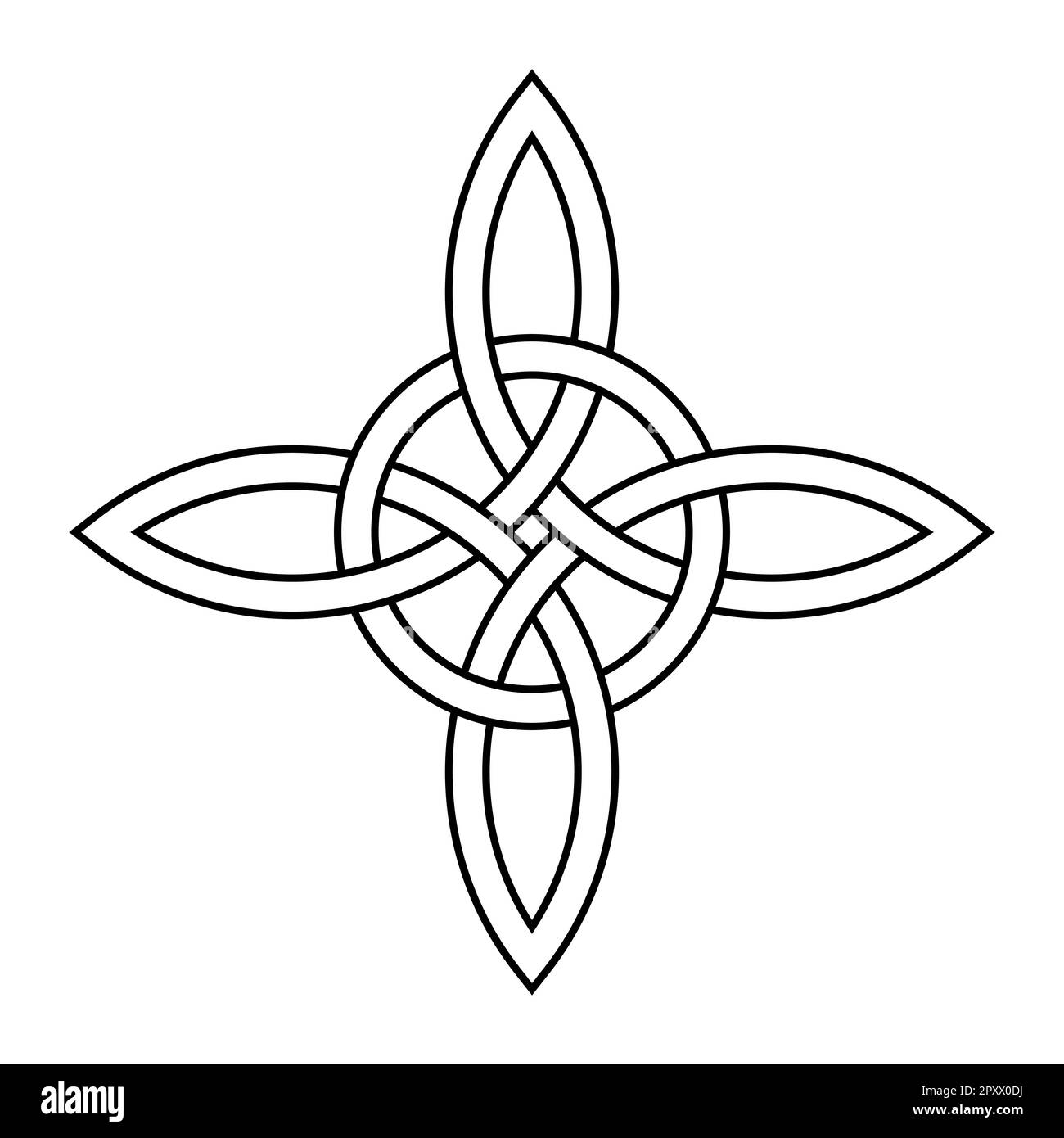 Keltischer Quadknoten mit interlaced-Kreis. Keltisches Kreuz, geformt durch vier endlose miteinander verbundene Bögen, die mit einem Kreis verbunden sind. Stockfoto
