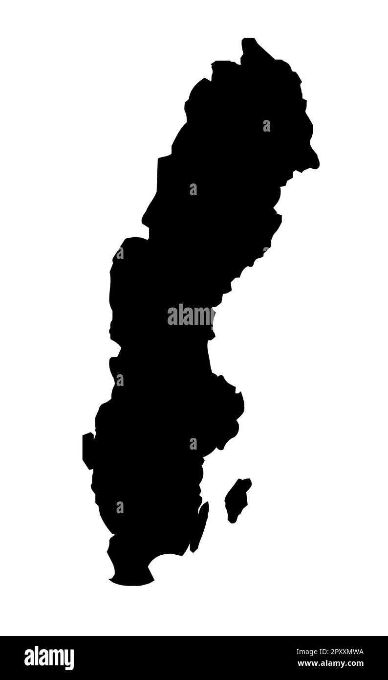 Umriss der Silhouettenkarte von Schweden auf weißem Hintergrund Stockfoto