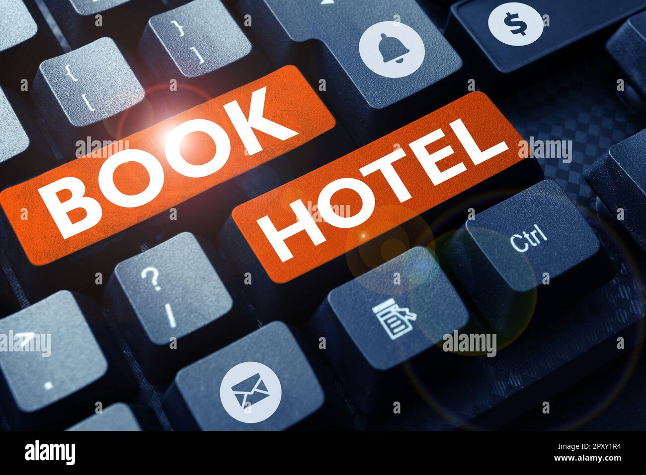 Konzeptionelle Überschrift Buchen Sie Hotel, Business, und stellen Sie ein Arrangement vor, das Sie für ein Hotelzimmer oder eine Unterkunft treffen Stockfoto