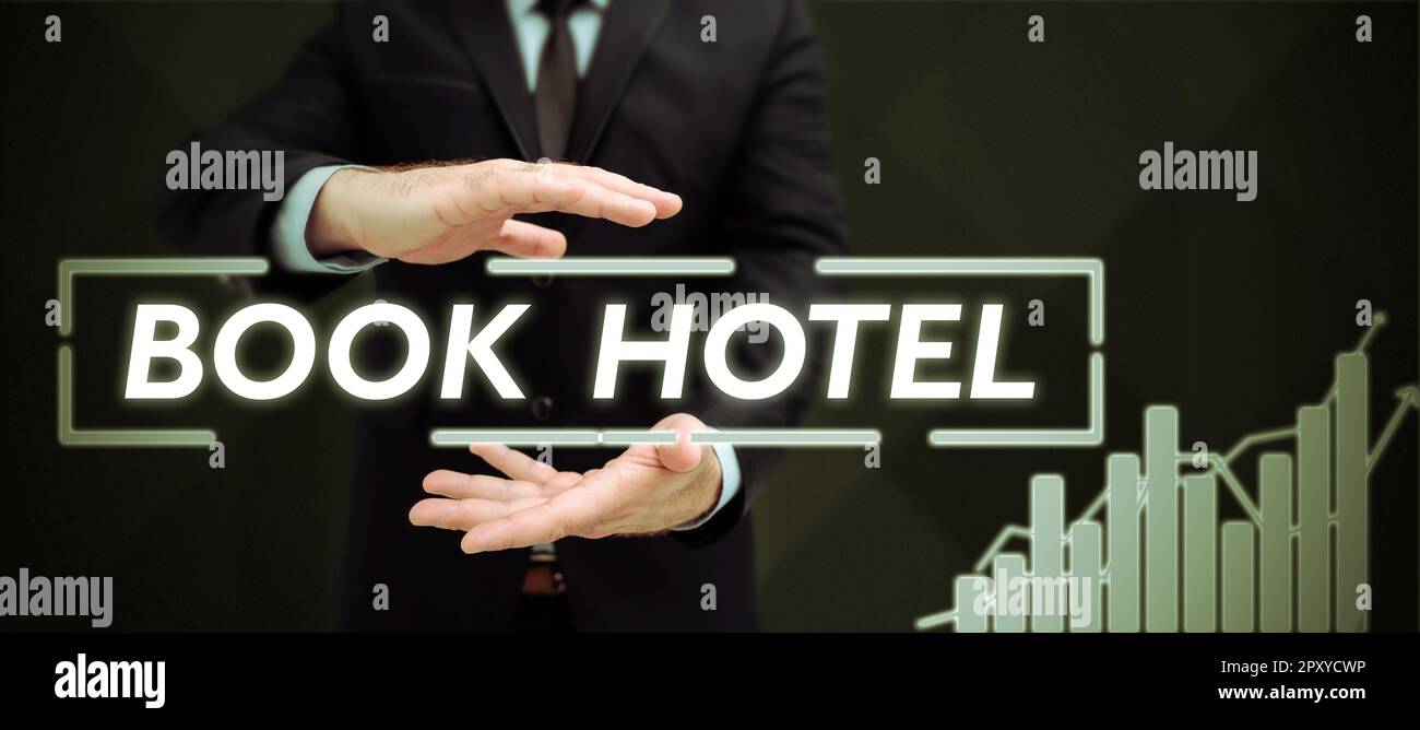 Text mit Inspiration Buchen Sie Hotel, Word für eine Vereinbarung, die Sie für ein Hotelzimmer oder eine Unterkunft treffen Stockfoto