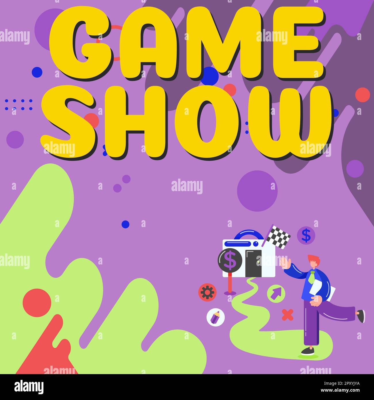 Konzeptionelle Darstellung der Game Show, Business Approach Program im Fernsehen oder Radio mit Spielern, die Preise gewinnen Stockfoto