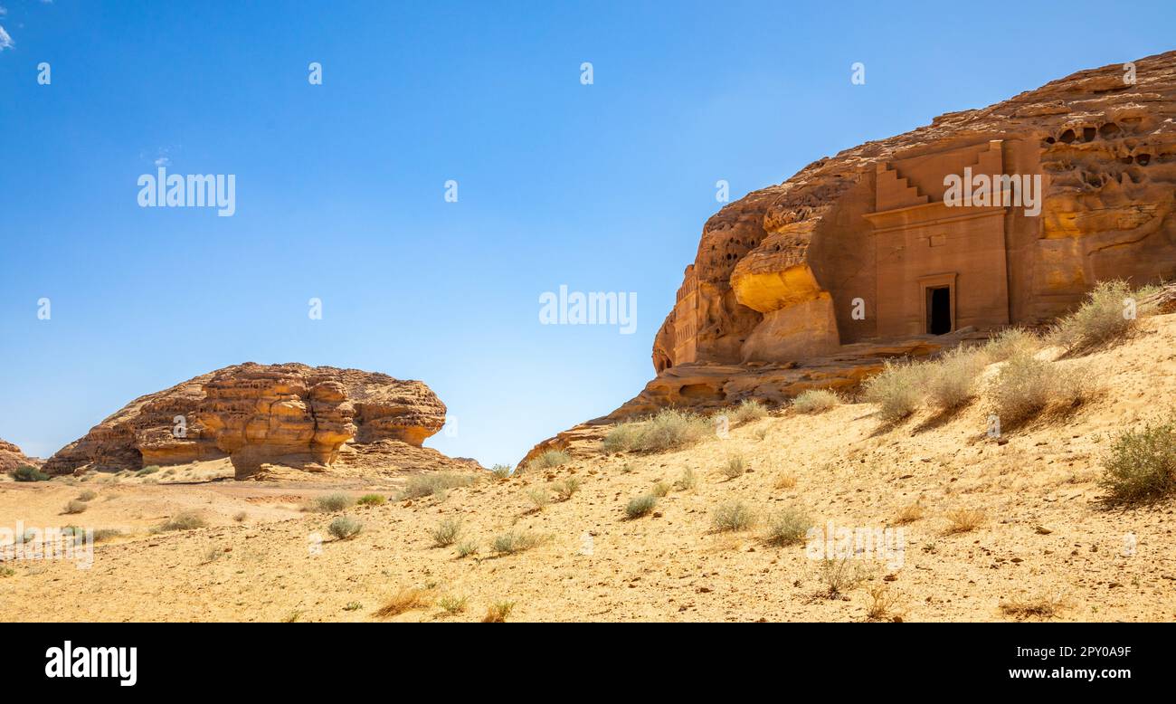 Gräber von Jabal al ahmar Eingänge in Stein gemeißelt, Madain Saleh, Al Ula, Saudi-Arabien Stockfoto