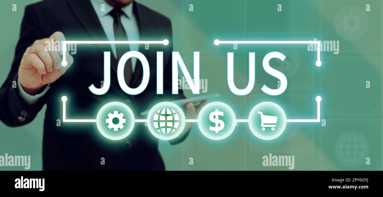 Inspiration zeigt Zeichen Join US, Word Geschrieben auf in der Community registrieren Team oder Blog Melden Sie sich bei Social Media an Stockfoto