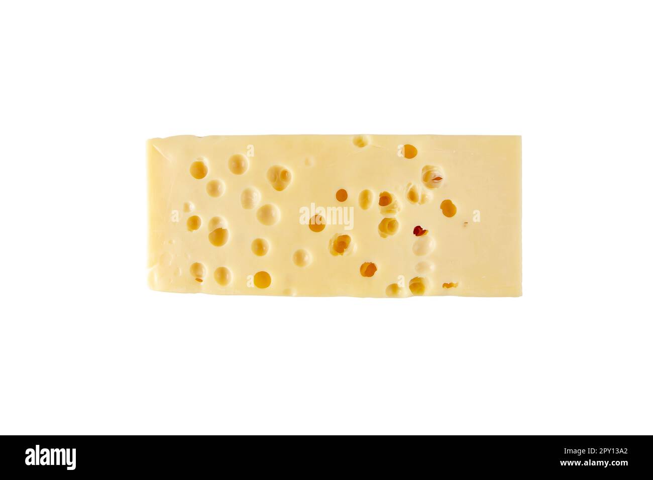 Emmentaler oder Schweizer Käse, auf weißem Untergrund isoliert. Gelbes Emmentalerstück mit Augen oder runden Löchern. Stockfoto