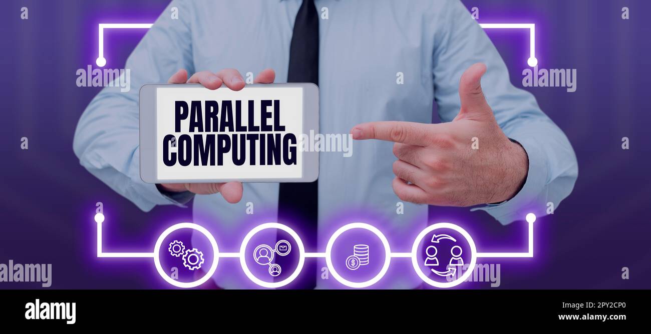 Textzeichen mit paralleler Datenverarbeitung, simultane Konzeptfoto-Berechnung mittels Software und Hardware Stockfoto