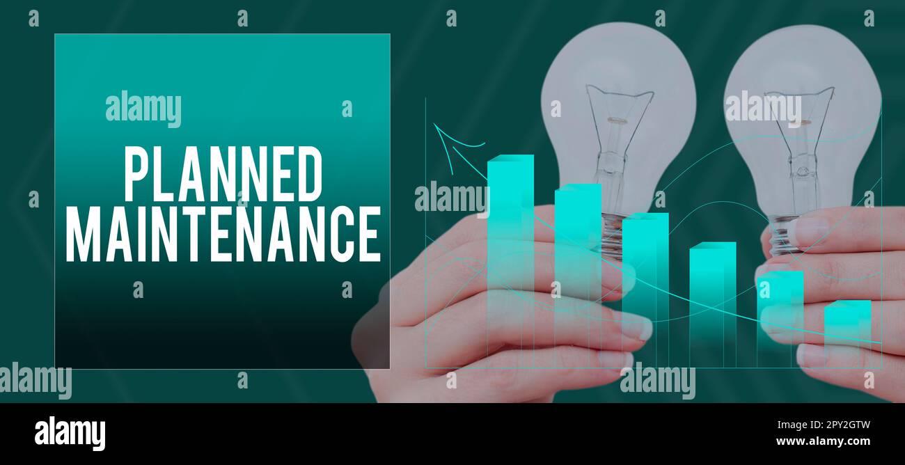 Textzeichen mit planmäßiger Wartung, Konzept bedeutet regelmäßige Überprüfungen Stockfoto