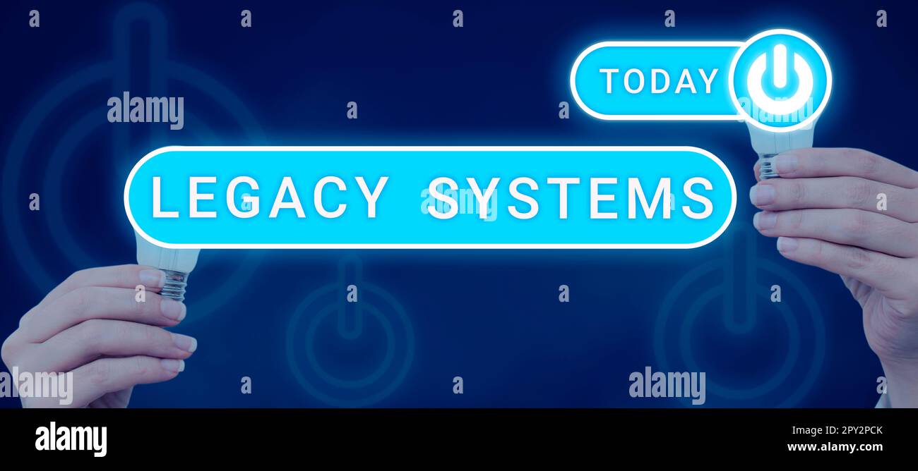 Schild, das ältere Systeme, Business Approach Alte Methode Computersystem oder Anwendungsprogramm anzeigt Stockfoto