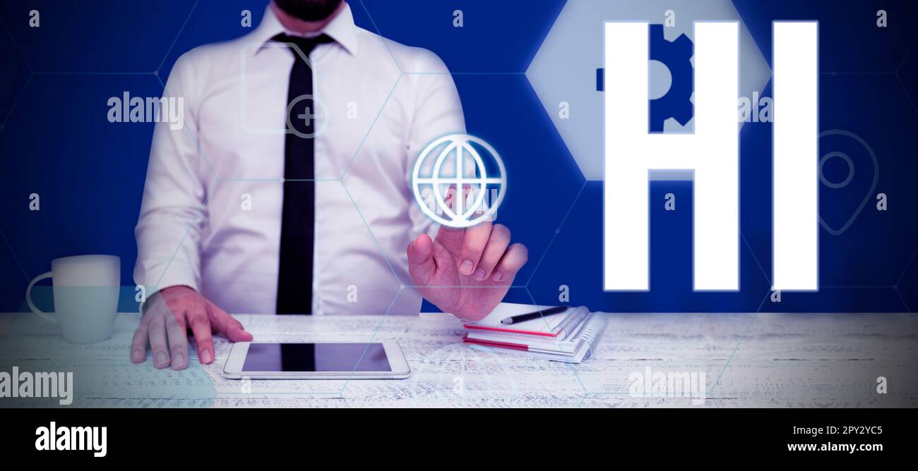 Schild mit „Hi, Business Concept“ als Begrüßung oder um ein Telefongespräch zu beginnen. Begrüßen Sie jemanden Stockfoto