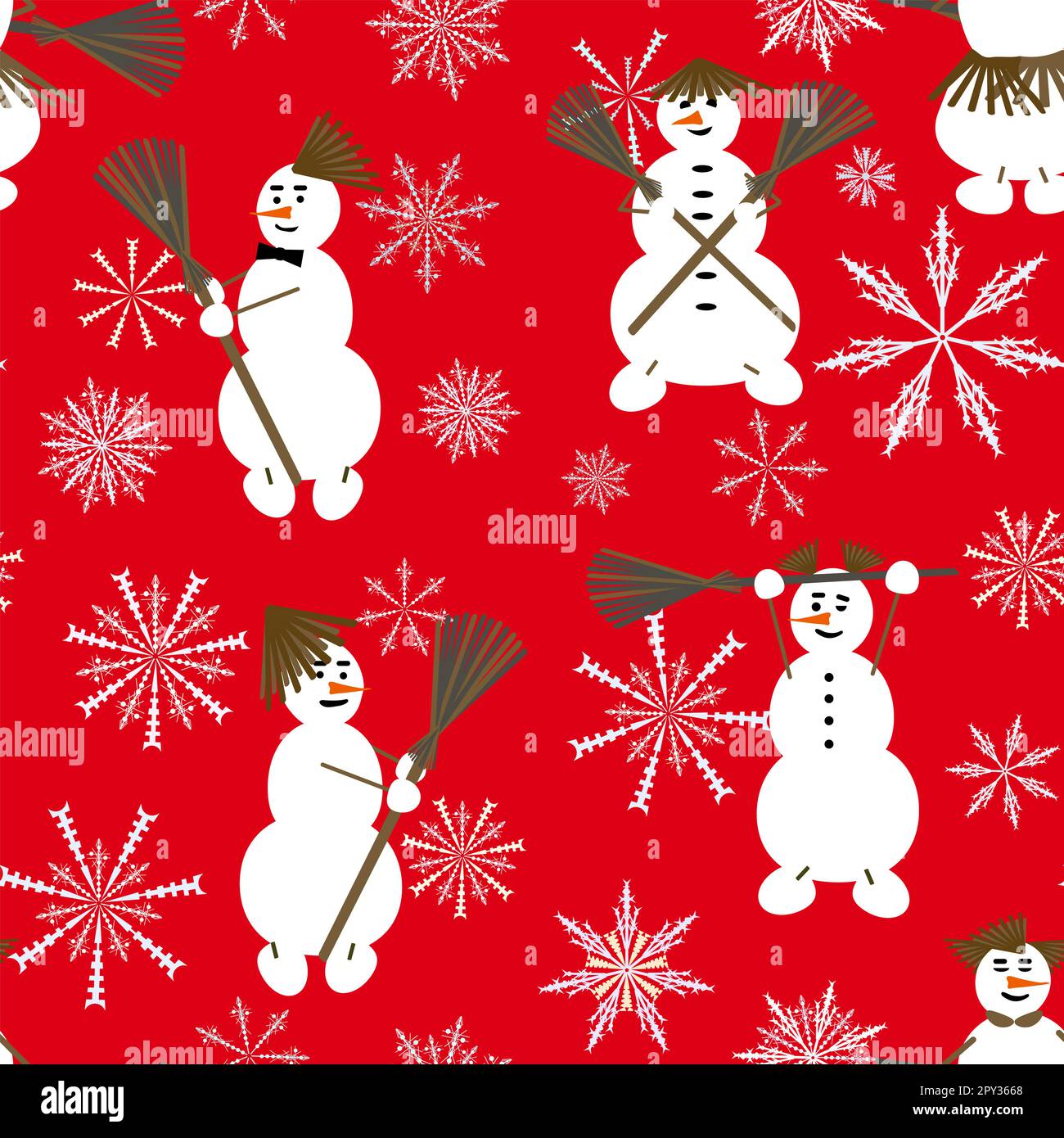 Lustige Schneemänner mit Besen auf rotem Hintergrund Stockfoto