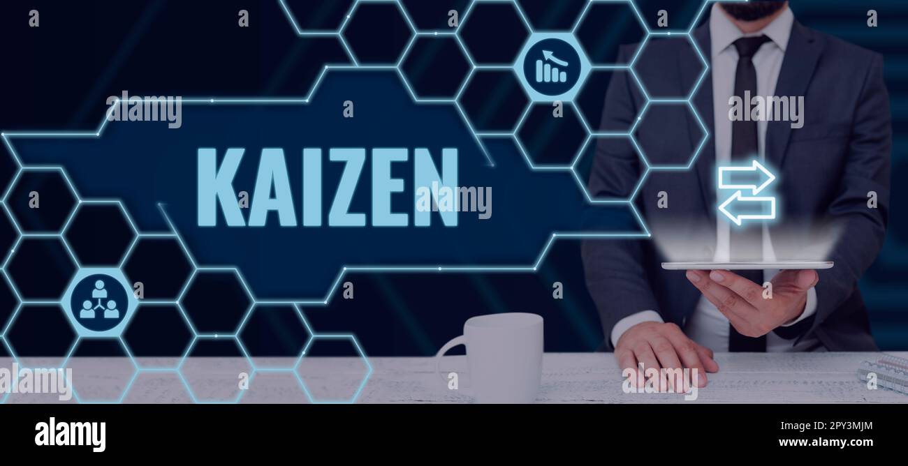 Textzeichen mit Kaizen, Word für eine japanische Unternehmensphilosophie zur Verbesserung der Arbeitspraktiken Stockfoto