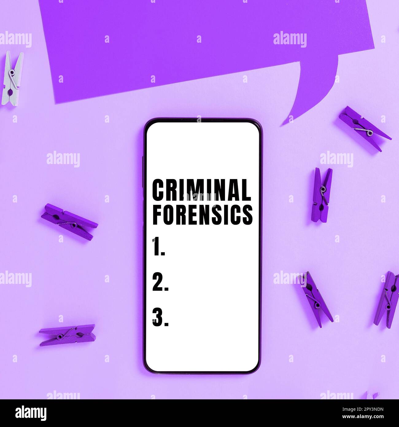 Sign displaying Criminal Forensics, Word for Federal Offense actions Illegal Activities punishable by Law Stockfoto