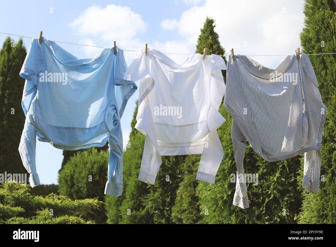 Saubere Wäsche hängt im Garten an der Wäscheleine. Wäschetrockner Stockfoto