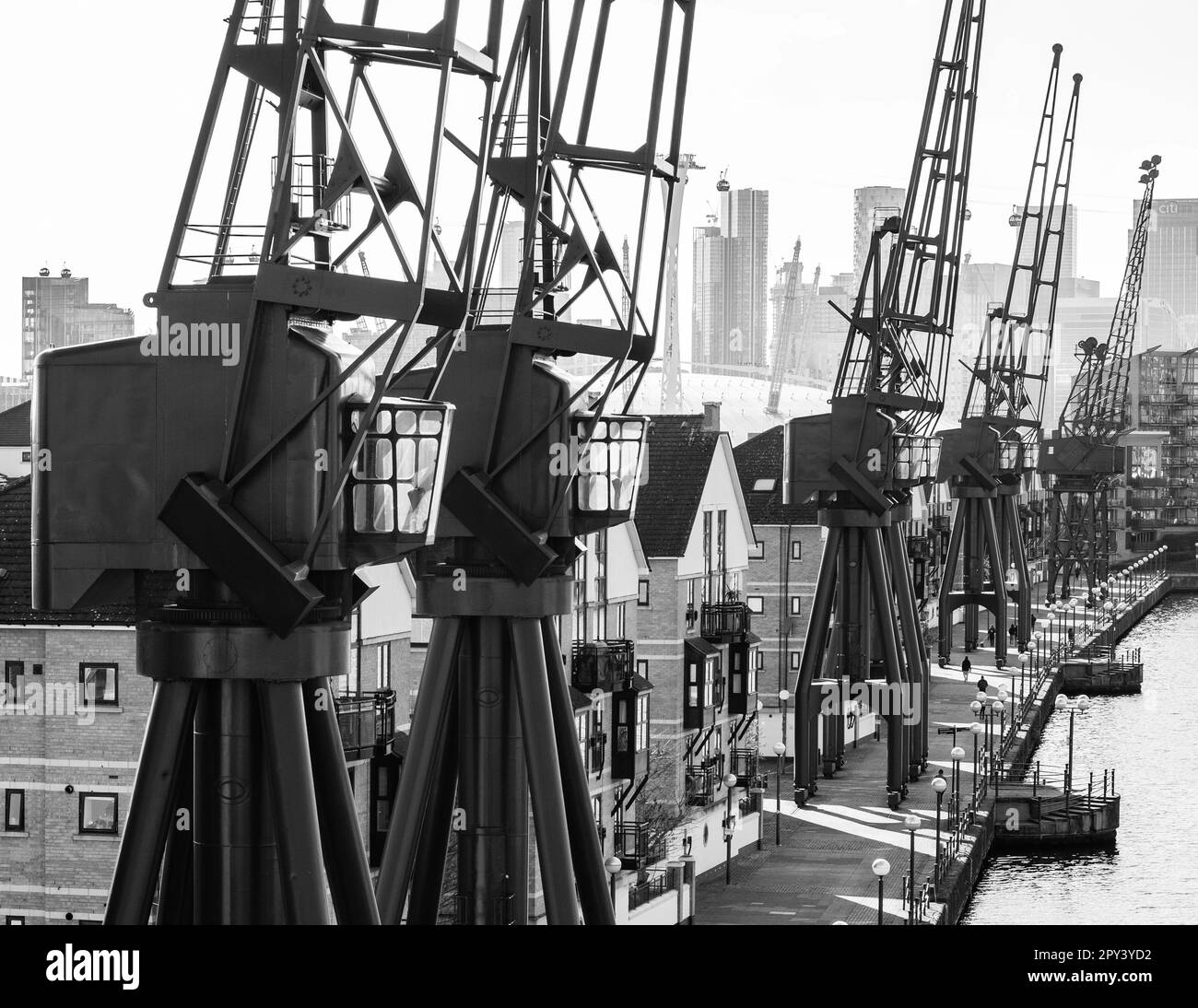 Dockers Cranes stehen als Dekoration, eine Ode an die industrielle Vergangenheit, Royal Victoria Dock, Silvertown, Newham, East London. Industrielles Erbe England. Stockfoto