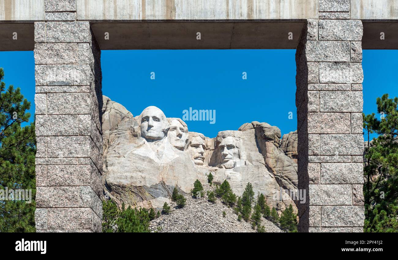 Mount Rushmore us-Präsidenten schnitzten Porträts, Mount Rushmore National Memorial, South Dakota, USA. Stockfoto