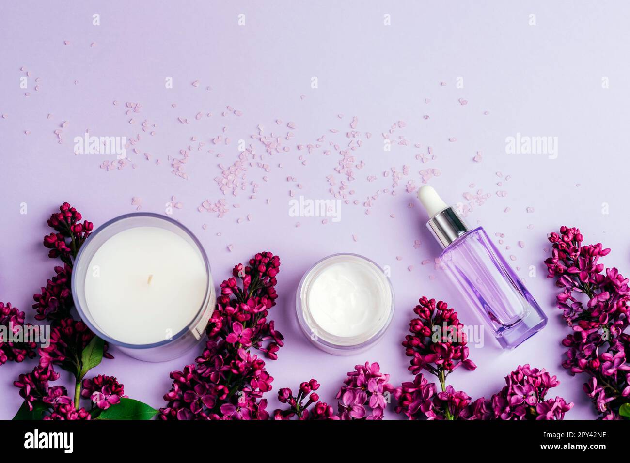 Aroma-Kerze, Rahmglas und Serumflasche mit lila Blüten auf hellviolettem Hintergrund. Naturkosmetik, Hautpflegekonzept. Draufsicht, flach liegend, kopieren Stockfoto