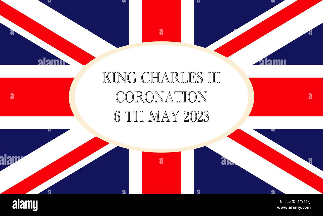 Britische Flagge, Gewerkschaftsflagge oder Union Jack mit Text. Poster für König Karl III. Krönung mit britischer Flagge, Grußkarte zur Feier der Krönung von Prinz Karl von Wales wird König von England, Vektorbild Stock Vektor