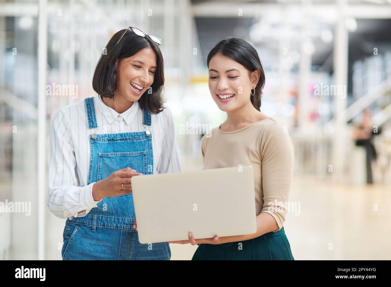Aufbau von Systemen zur Unterstützung der Innovation in ihrem Unternehmen. Zwei Geschäftsfrauen, die an einem Notebook in einem Büro arbeiten. Stockfoto