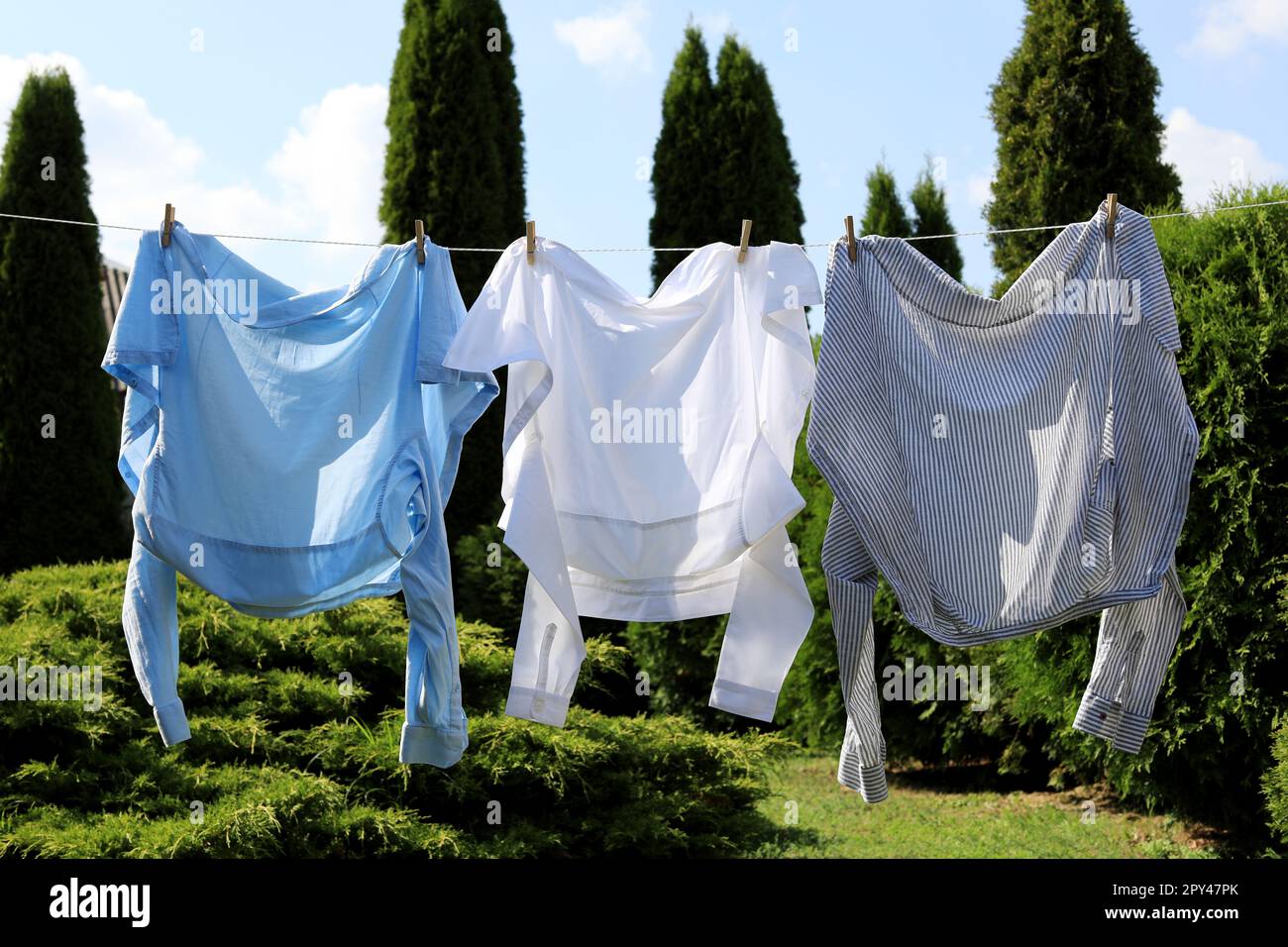 Saubere Wäsche hängt im Garten an der Wäscheleine. Wäschetrockner Stockfoto