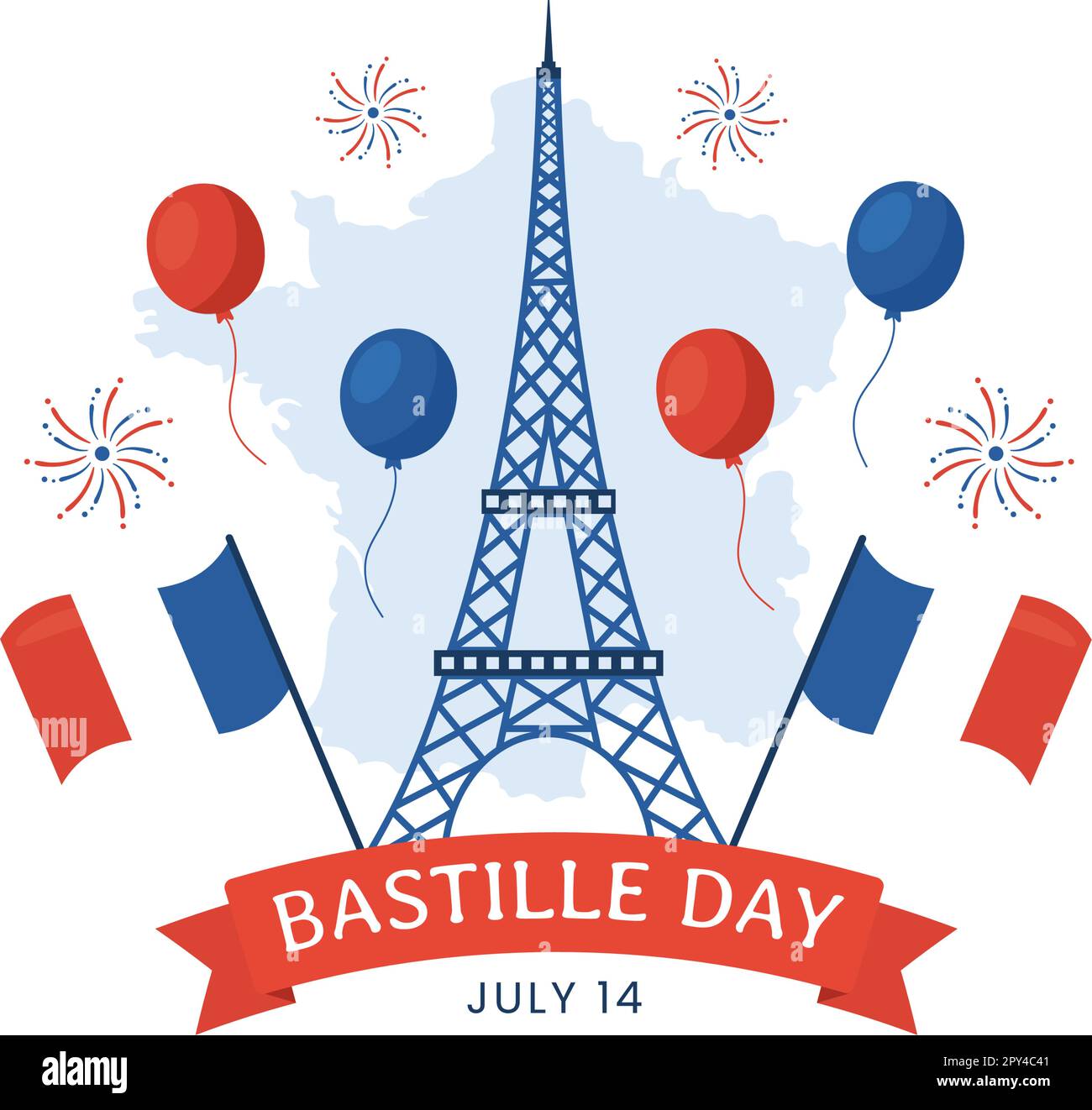 Happy Bastille Day am 14. juli Vector Illustration mit französischer Flagge und Eiffelturm in flachem Cartoon handgezeichnet für Landing Page Templates Stock Vektor