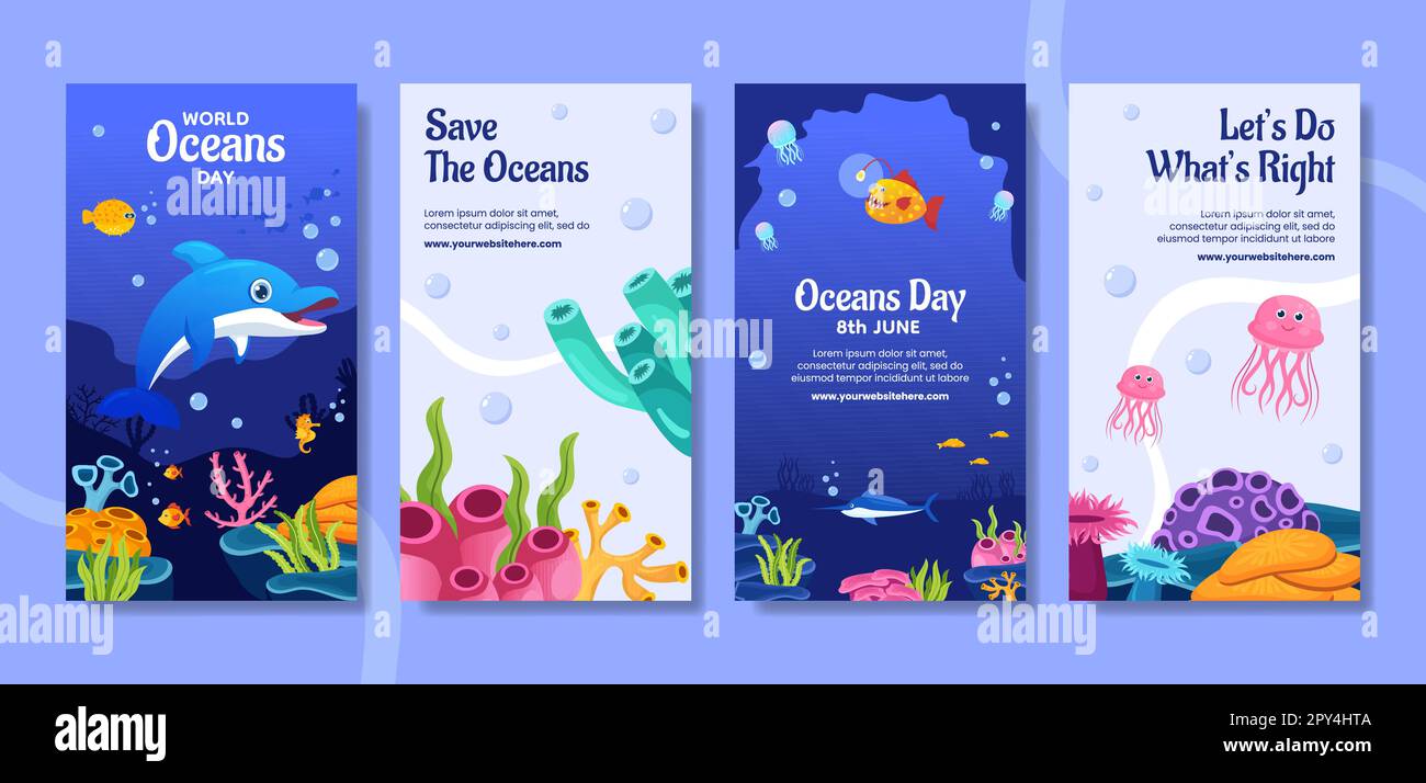World Oceans Day Geschichten Aus Sozialen Medien Flat Cartoon Handgezeichnete Vorlagen Hintergrundillustration Stock Vektor