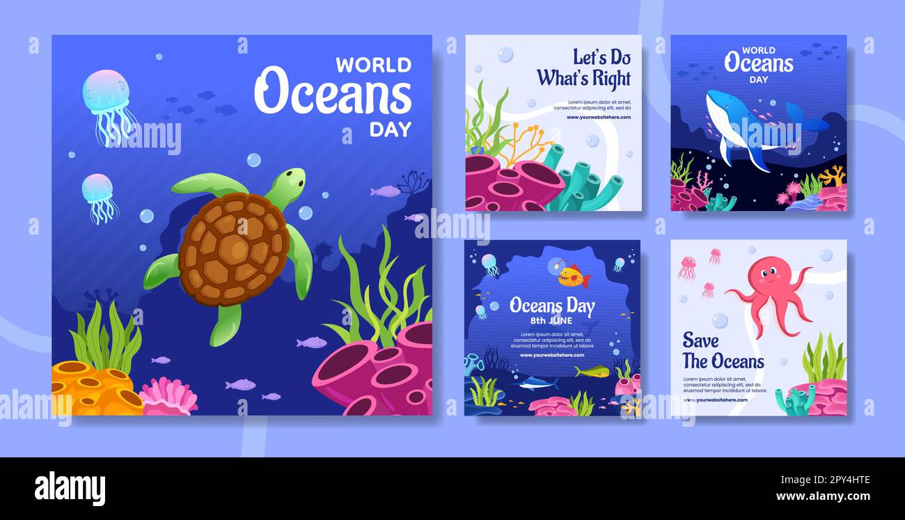 World Oceans Day Social Media Post Flat Cartoon Handgezeichnete Vorlagen Hintergrunddarstellung Stock Vektor