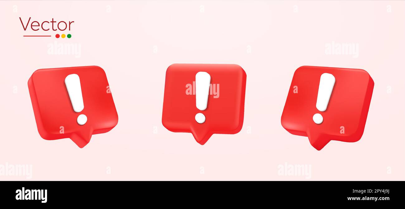 3D rote Warnglocke, Fehlermarkierungen, Notfallbenachrichtigungen, Warnsymbole bei Rettungseinsatz isoliert im Hintergrund. Designkonzept für das Konzept der Sicherheitsdringlichkeit. 3D-Sicherheitsvektordarstellung. Vektordarstellung Stock Vektor