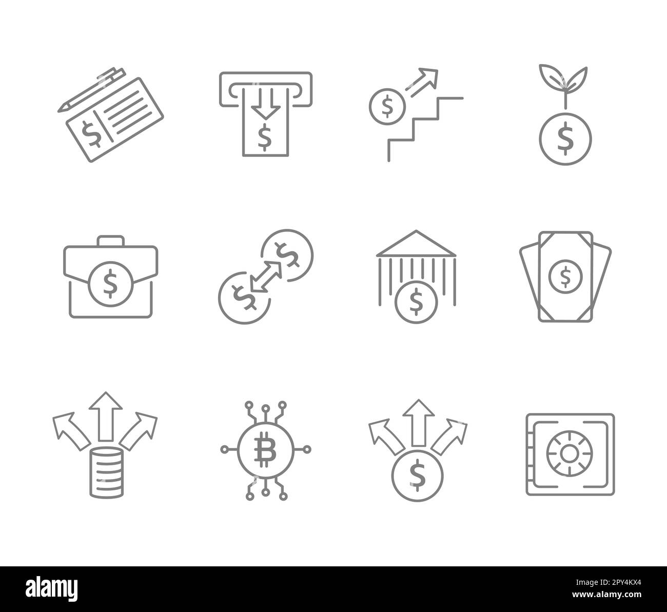 Infografik-Symbolsatz für Unternehmen. 12 Finance Web-Symbolsammlung. Dünne Umrisssymbole bündeln Bündel, Vektorsymbole Infografik. Stock Vektor