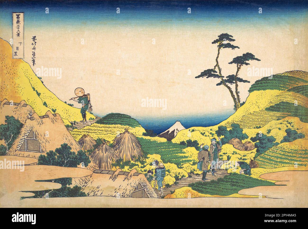 Japan: ‘Shimomeguro (Lower Meguro)’. Ukiyo-e Holzschnitt aus der Serie ‘Thirty-Six views of Mount Fuji’ von Katsushika Hokusai (31. Oktober 1760 - 10. Mai 1849), 1830. ‘Thirty-Six Views of Mount Fuji’ ist eine Serie von Holzschnitten der japanischen Künstlerin Katsushika Hokusai, die „Sukiyo-e“ ‘. Die Serie zeigt den Fuji in unterschiedlichen Jahreszeiten und Wetterbedingungen an verschiedenen Orten und Entfernungen. Es besteht tatsächlich aus 46 Drucken, die zwischen 1826 und 1833 entstanden sind. Die ersten 36 wurden in die Originalpublikation aufgenommen, und aufgrund ihrer Popularität wurden nach der Originalpublikation 10 weitere hinzugefügt. Stockfoto
