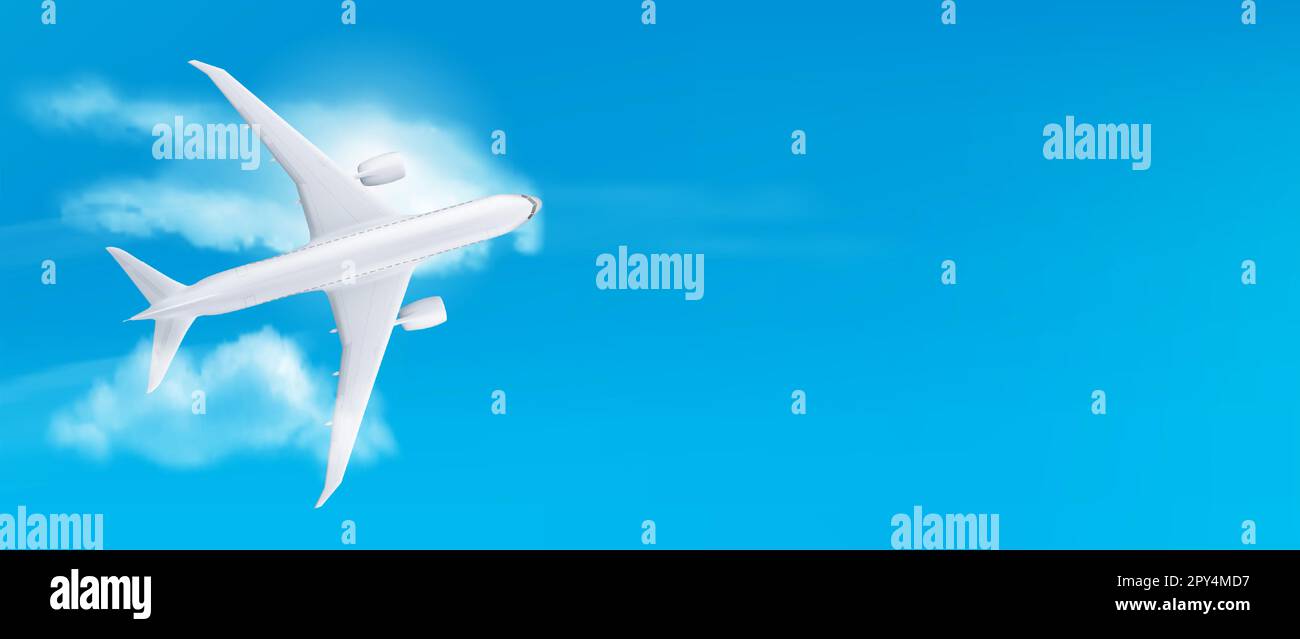 Realistisches 3D-Flugzeug auf blauem Himmelshintergrund. Vektordarstellung eines weißen Flugzeugmodells für Passagier-, Fracht- und internationale Postzustellung. Bannervorlage für Urlaubsreisen Stock Vektor