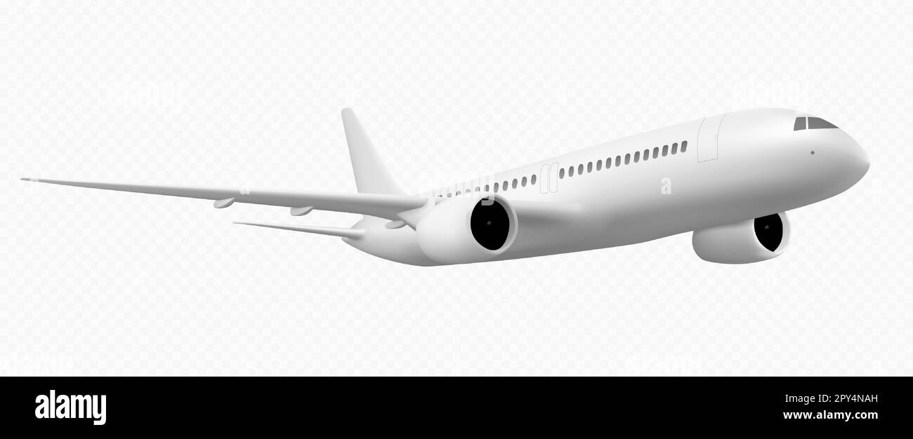 3D White plane Flight Isolated Vector travel icon png. Realistisches Rendern des Strahls auf transparentem Hintergrund. Kommerzielles Modell der Fluggesellschaft für internationale Flüge im Urlaub. Leere Vorlage für Charterflugzeuge Stock Vektor
