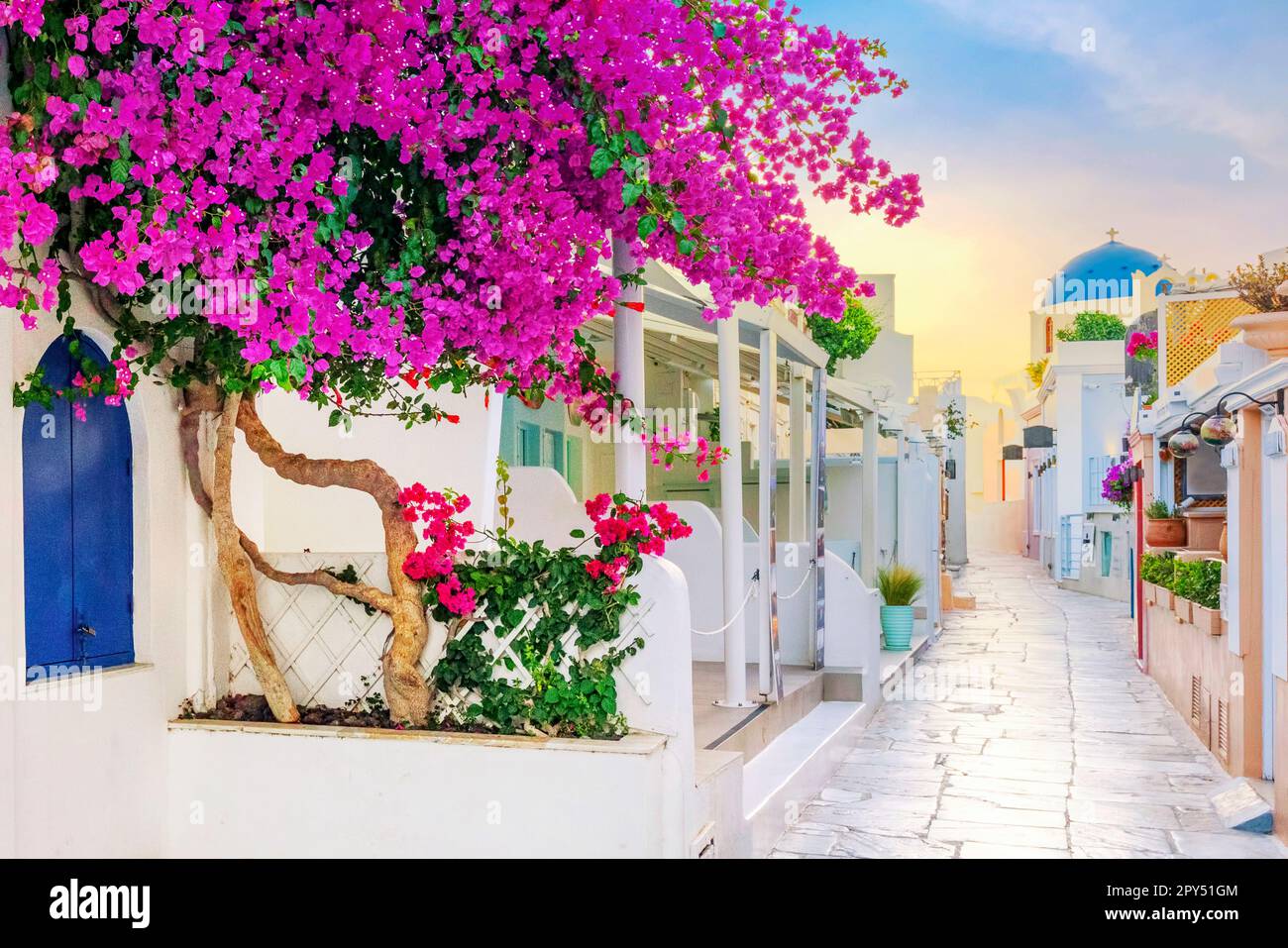 Blick auf die Oia Straße in der Mornong, Santorini, Griechenland Stockfoto
