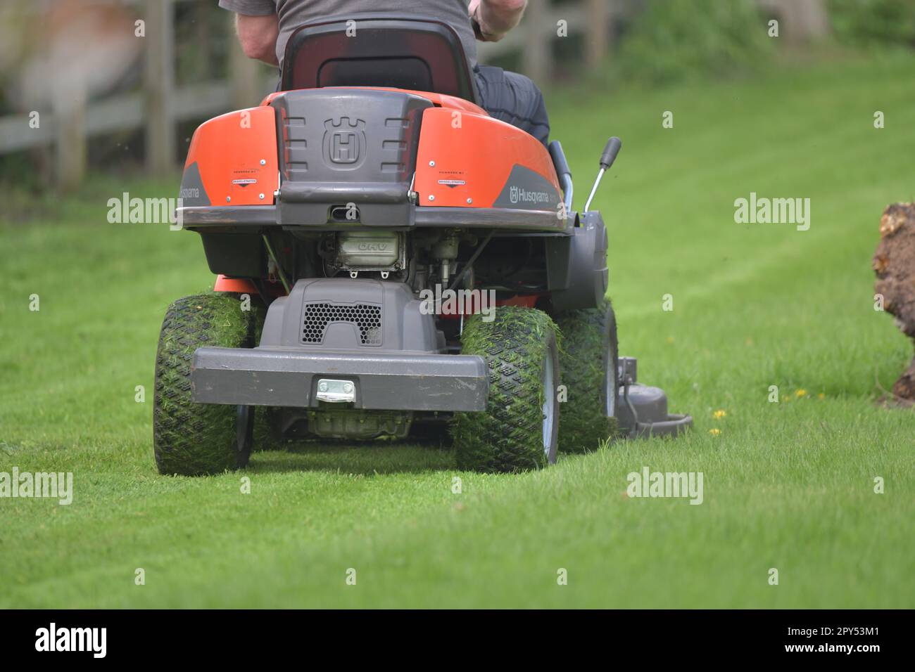 Ein Mann mäht einen Rasen auf einer Fahrt auf dem Mäher an einem Frühlingstag Stockfoto