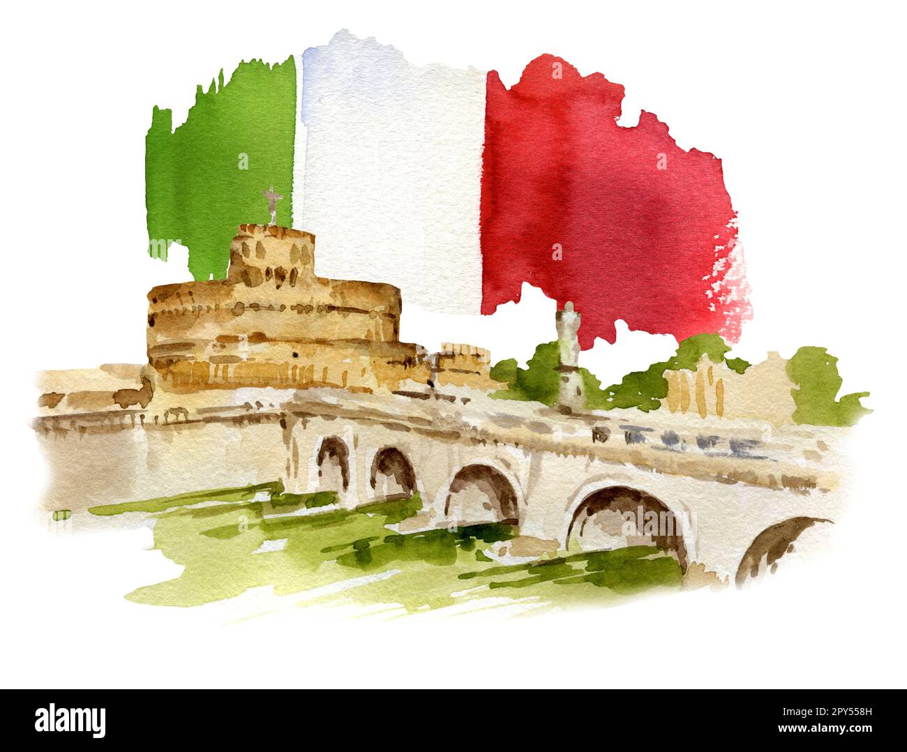Aquarell-Darstellung von Rom, Italien, handgezeichnetes Panorama von Tiber, Brücke und alte Festung mit italienischer Flagge. Stockfoto