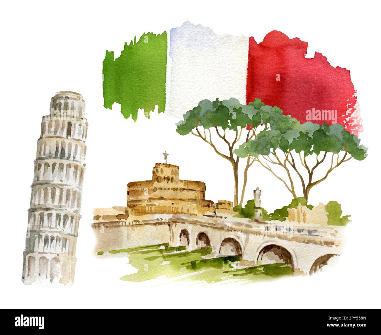 Aquarell-Darstellung von Rom, Italien, handgezeichnetes Panorama des Tiber, Brücke, Pinya-Kiefer und alte Festung mit italienischer Flagge. Stockfoto