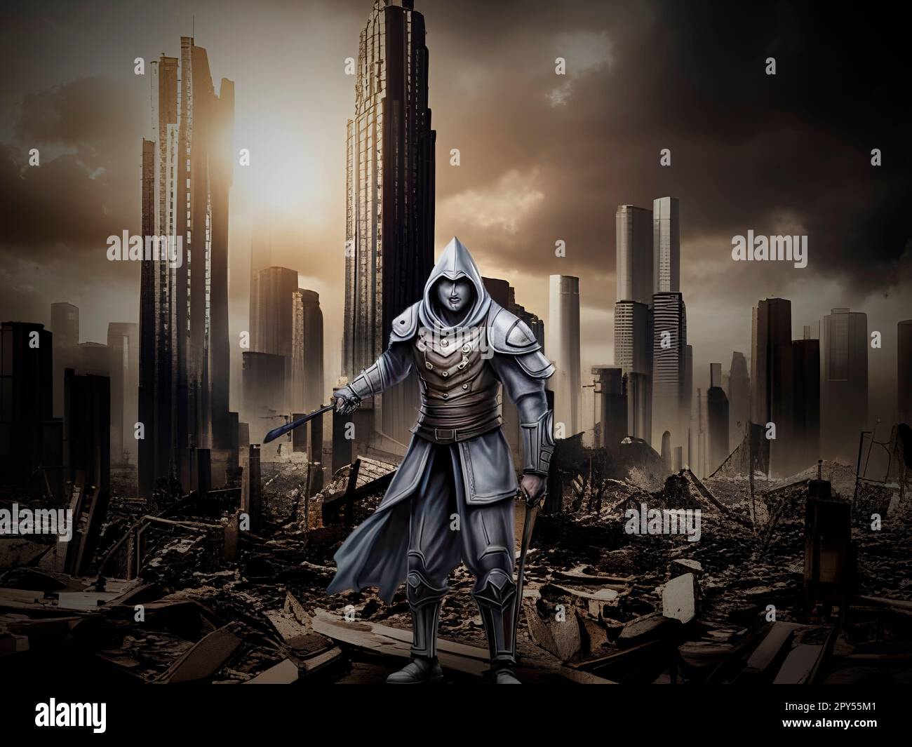 Krieger vor einem apokalypten urbanen Hintergrund Stockfoto