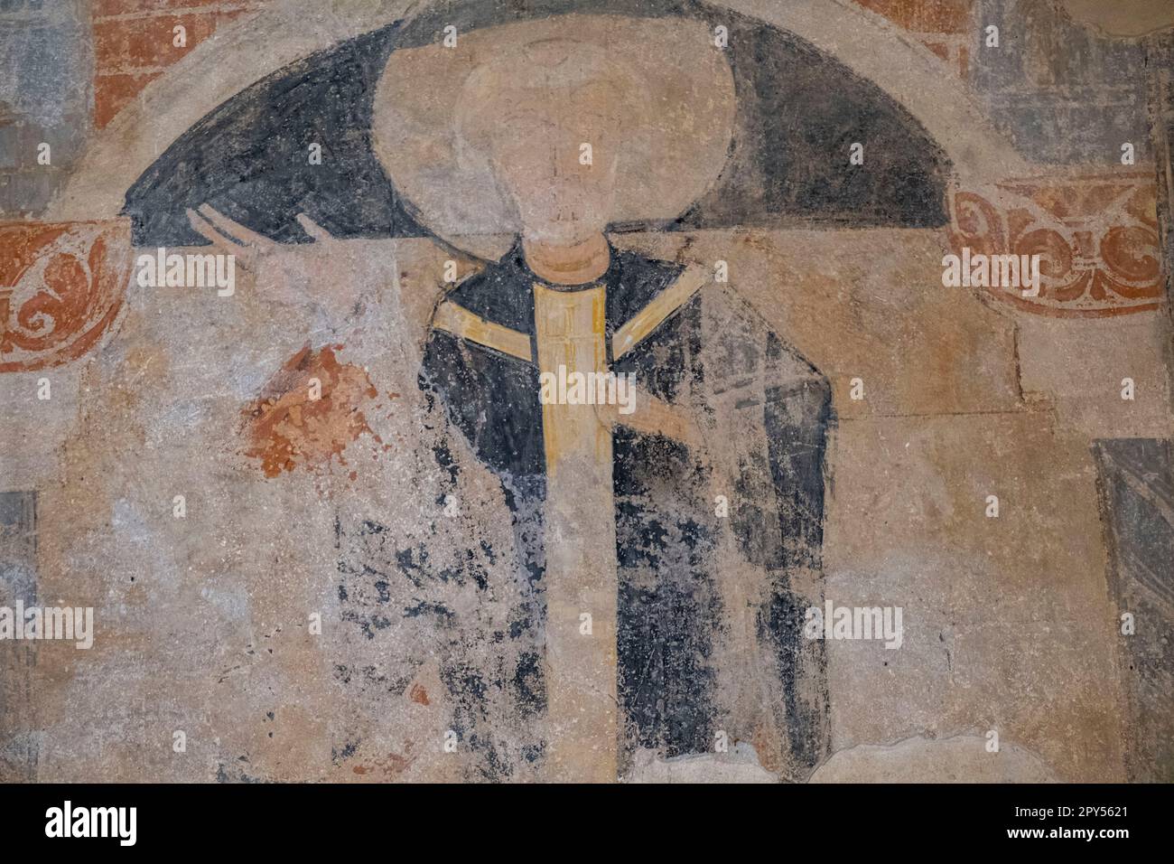 Fresco románico, Ermita de San Miguel, siglo VII, construida durante el reinado visigodo de Wamba, Gormaz, Soria, Comunidad Autónoma de Castilla, Spai Stockfoto