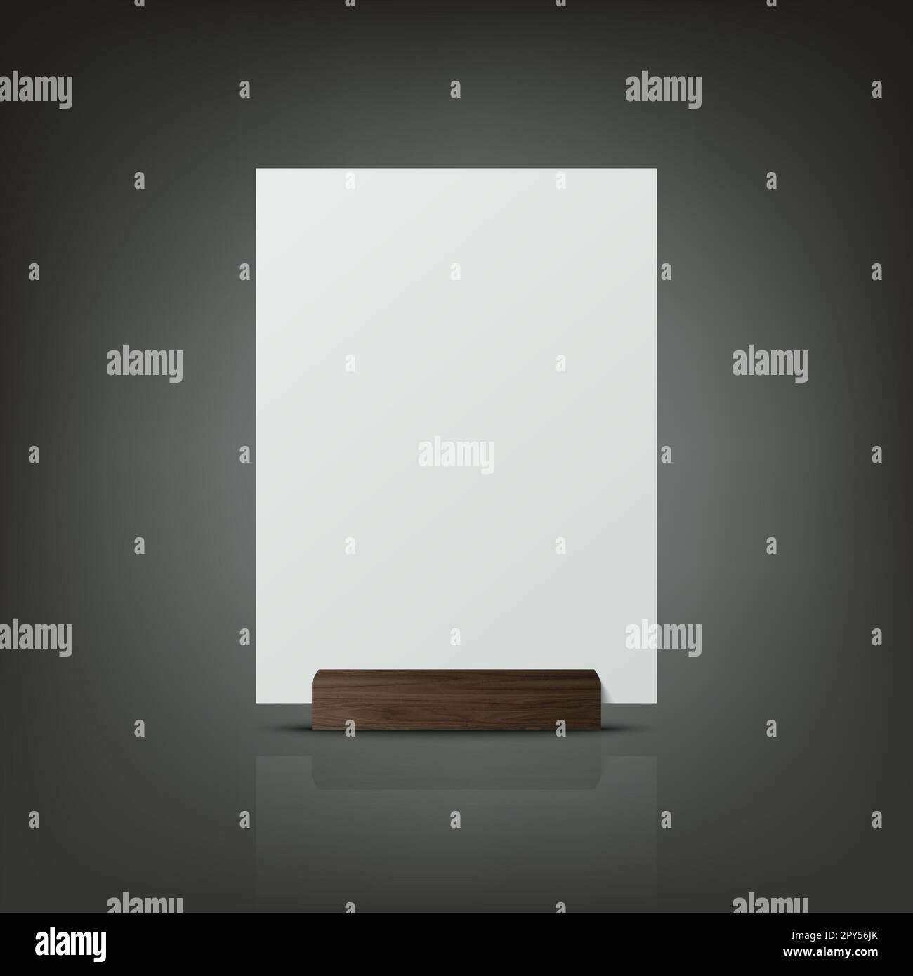 Vector 3D Realistic White A4 leeres leeres Blatt Papier, Kartenhalter aus Holz, Standsymbol Großaufnahme. Konstruktionsvorlage für Modell, Menürahmen, Broschüren. Acr Stockfoto