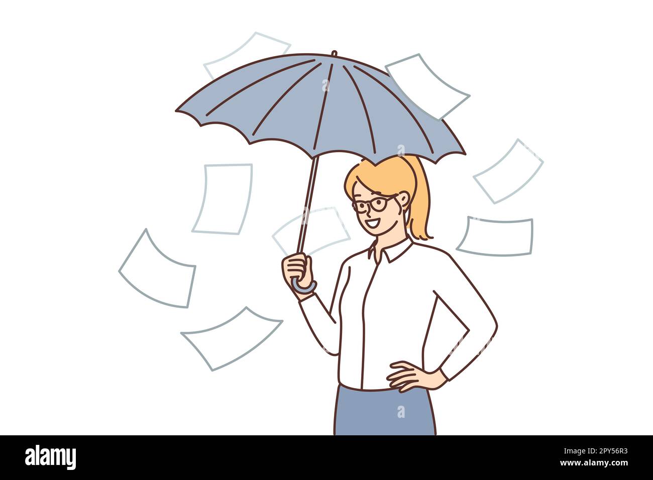 Geschäftsfrau, die sich mit einem Regenschirm vor herunterfallenden Dokumenten versteckt vor Papierkram und Bürokratie. Die Managerin versteckt sich, weil sie keine Papiere machen will Stockfoto