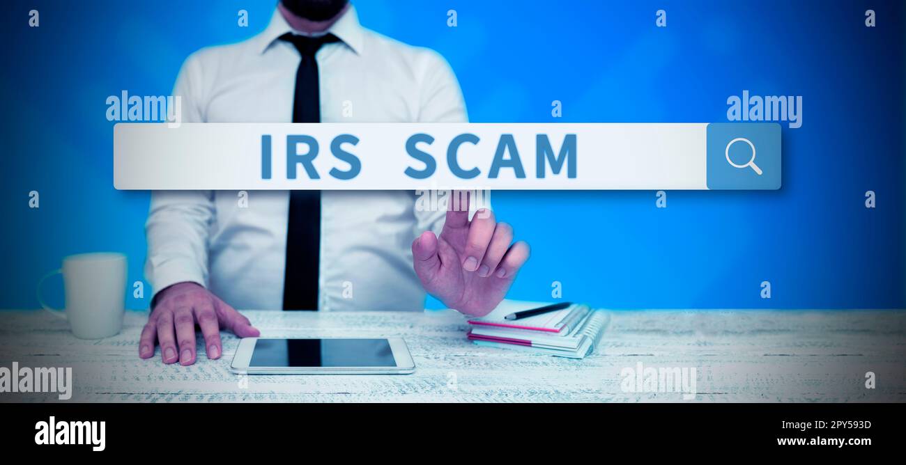 Handschrift Text IRS Scam. Wort für gezielte Steuerzahler, indem er vorgibt, Internal Revenue Service zu sein Stockfoto